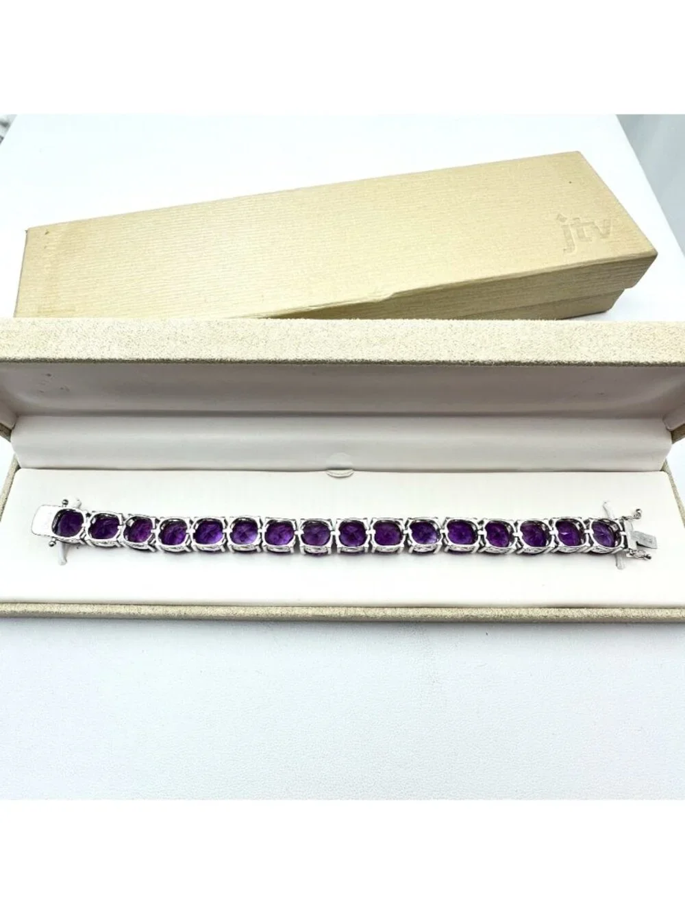 African Amethyst Sterling Silver Bracelet 55 Carats Cushion Cut Checkerboard